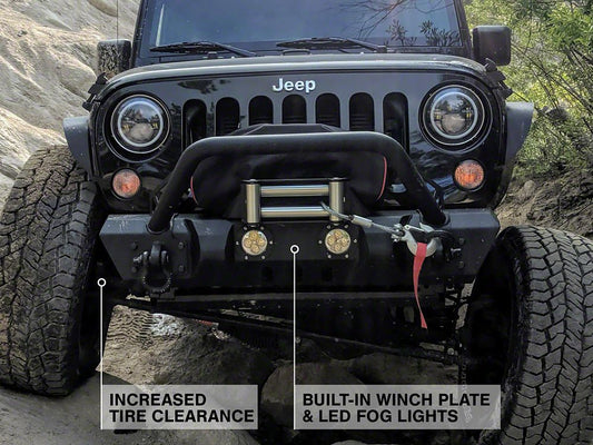 RedRock Stubby Winch Front Bumper with LED Fog Lights and Over-Rider Hoop (07-18 Jeep Wrangler JK)