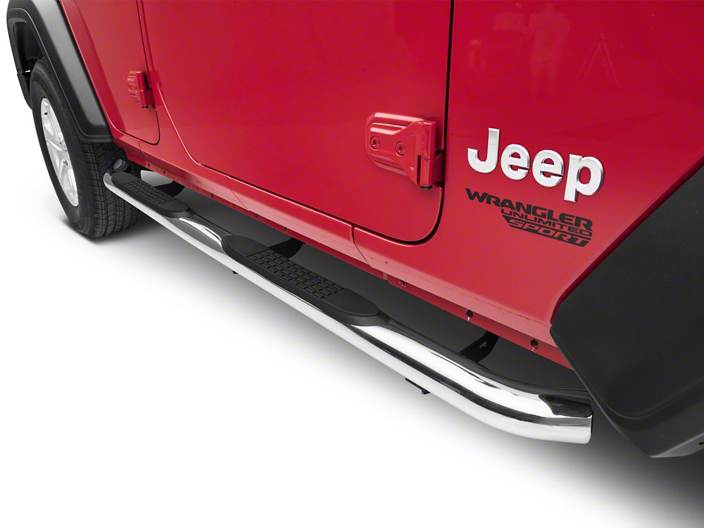 RedRock 3-Inch Round Curved Side Step Bars; Stainless Steel (18-25 Jeep Wrangler JL 4-Door)