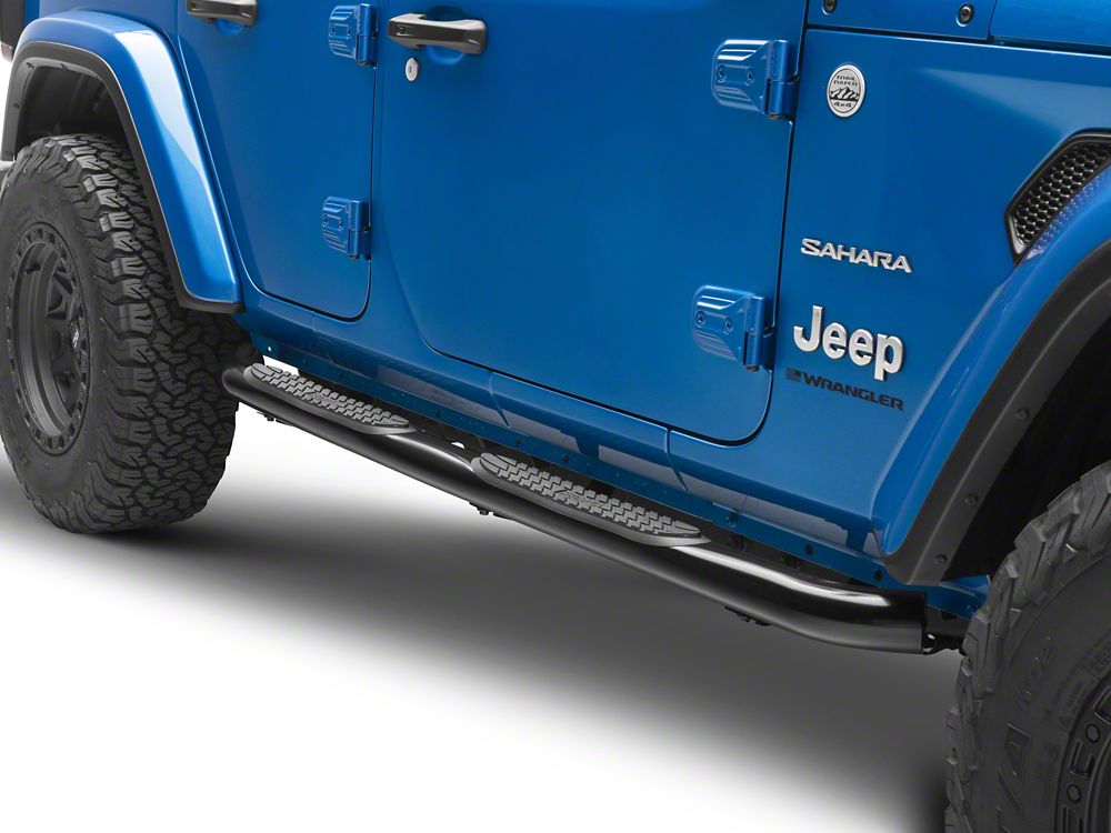 RedRock 3-Inch Round Curved Side Step Bars; Semi-Gloss Black (18-25 Jeep Wrangler JL 4-Door)