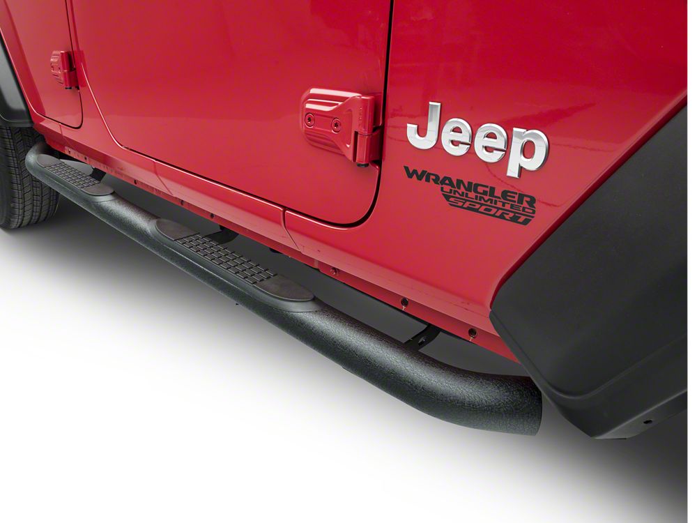 RedRock 3-Inch Round Curved Side Step Bars; Textured Black (18-25 Jeep Wrangler JL 4-Door)