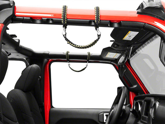 RedRock Front Rollbar Paracord Grab Handles with D-Rings; Black and OD Green (07-25 Jeep Wrangler JK & JL)
