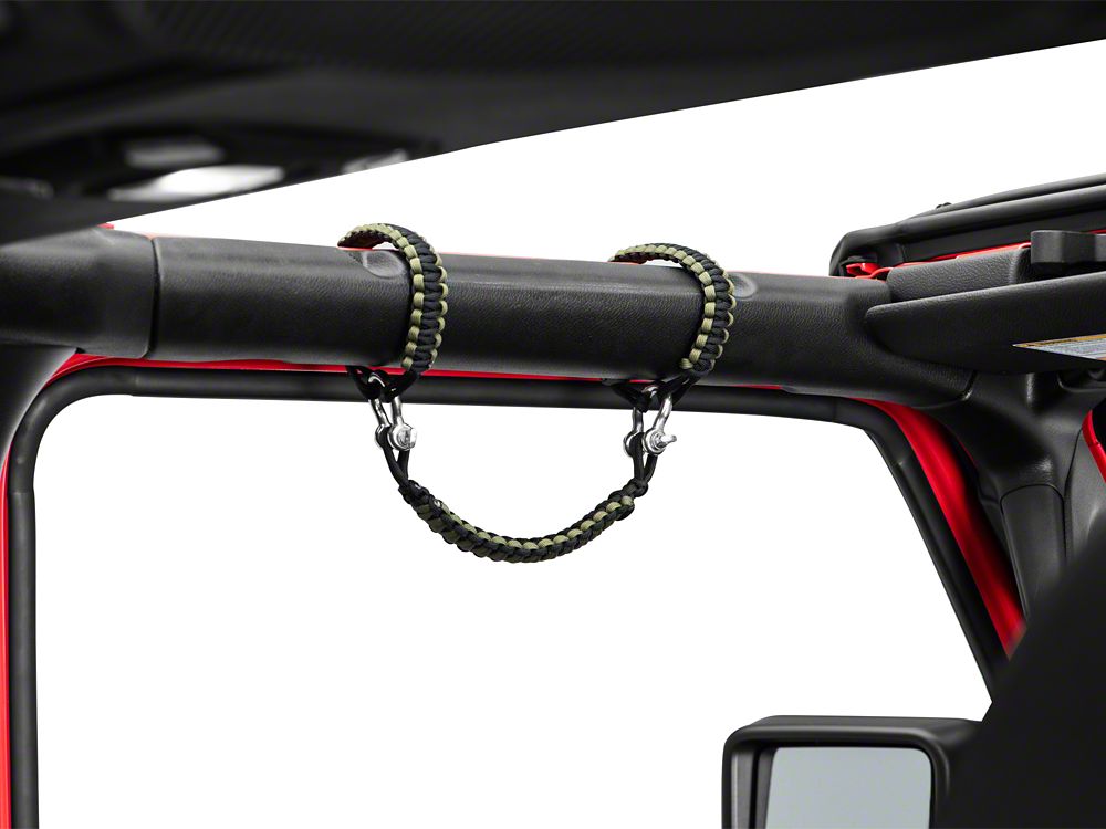 RedRock Front Rollbar Paracord Grab Handles with D-Rings; Black and OD Green (07-25 Jeep Wrangler JK & JL)
