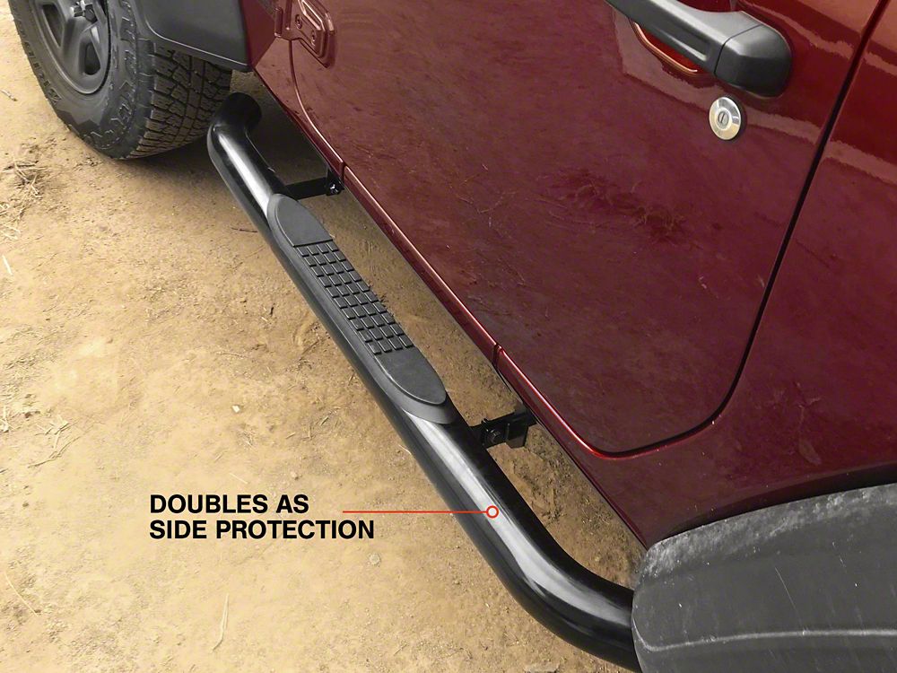 RedRock 3-Inch Round Curved Side Step Bars; Semi-Gloss Black (18-25 Jeep Wrangler JL 2-Door)