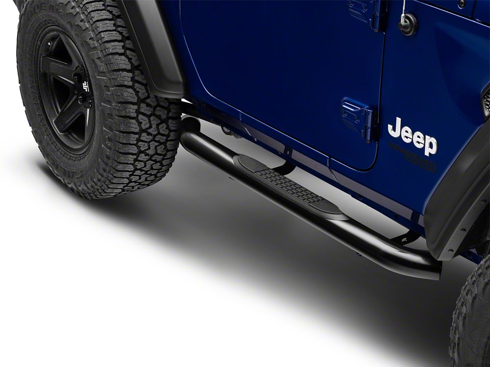 RedRock 3-Inch Round Curved Side Step Bars; Semi-Gloss Black (18-25 Jeep Wrangler JL 2-Door)