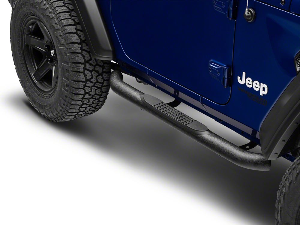 RedRock 3-Inch Round Curved Side Step Bars; Textured Black (18-25 Jeep Wrangler JL 2-Door)