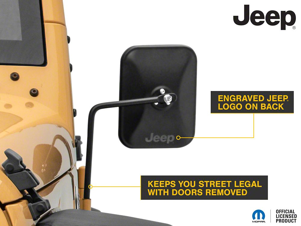 Jeep Licensed by RedRock Rectangular Adventure Mirrors with Engraved Jeep Logo; Textured Black (76-25 Jeep CJ7, Wrangler YJ, TJ, JK & JL)