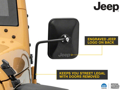 Jeep Licensed by RedRock Rectangular Adventure Mirrors with Engraved Jeep Logo; Textured Black (76-25 Jeep CJ7, Wrangler YJ, TJ, JK & JL)