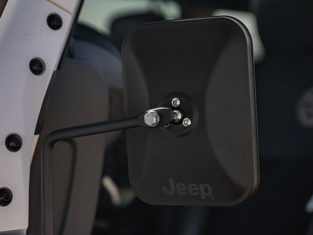 Jeep Licensed by RedRock Rectangular Adventure Mirrors with Engraved Jeep Logo; Textured Black (76-25 Jeep CJ7, Wrangler YJ, TJ, JK & JL)
