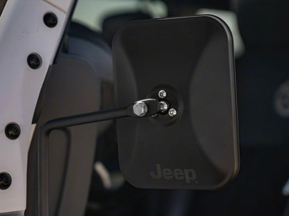 Jeep Licensed by RedRock Rectangular Adventure Mirrors with Engraved Jeep Logo; Textured Black (76-25 Jeep CJ7, Wrangler YJ, TJ, JK & JL)