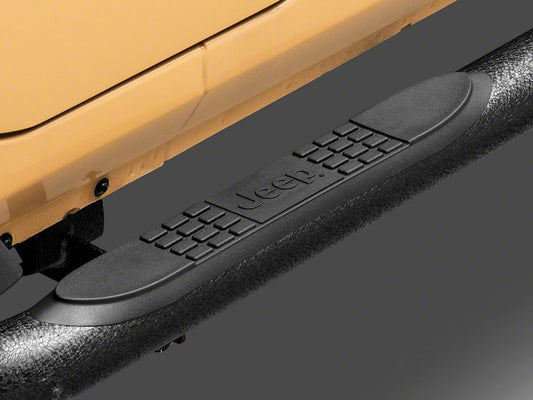 Jeep Licensed by RedRock 3-Inch Round Curved Side Step Bars with Jeep Logo; Textured Black (07-18 Jeep Wrangler JK 4-Door)