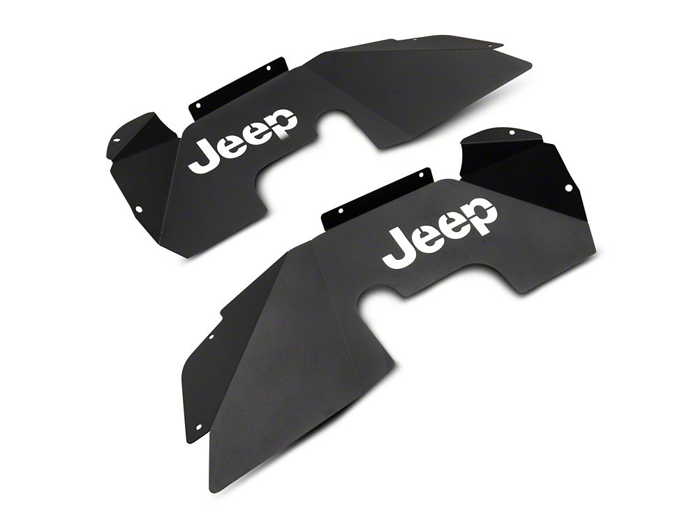 Jeep Licensed by RedRock Aluminum Inner Fender Liners with Jeep Logo; Front; Textured Black (07-18 Jeep Wrangler JK)