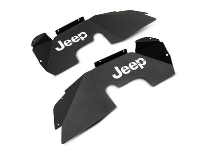 Jeep Licensed by RedRock Aluminum Inner Fender Liners with Jeep Logo; Front; Textured Black (07-18 Jeep Wrangler JK)