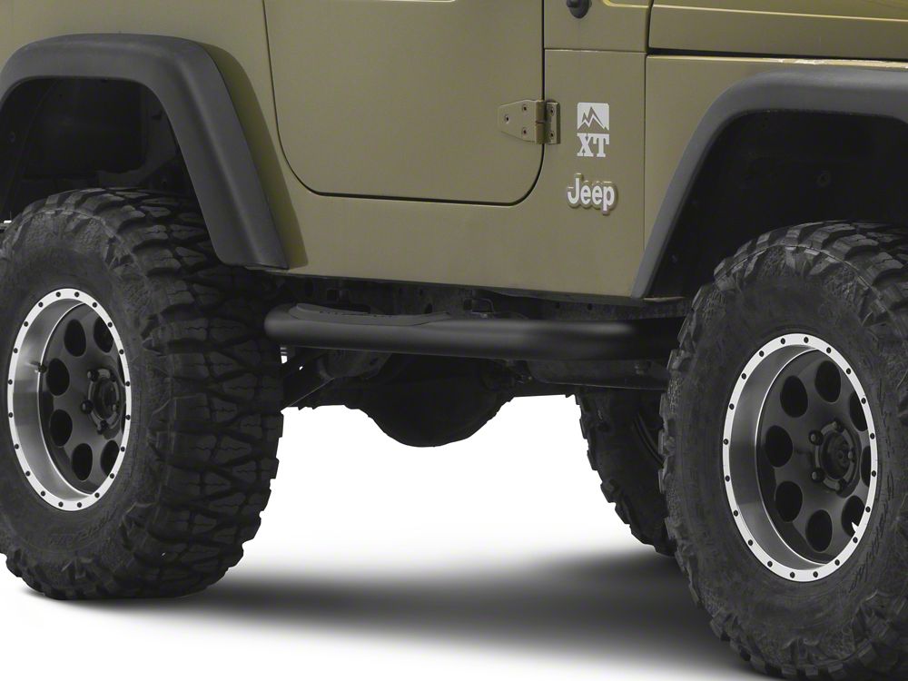 Jeep Licensed by RedRock 3-Inch Round Side Step Bars with Jeep Logo; Textured Black (87-06 Jeep Wrangler YJ & TJ, Excluding Unlimited)