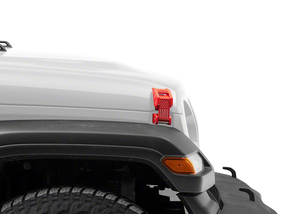 RedRock Old Glory Billet Hood Catch Kit; Red (07-25 Jeep Wrangler JK & JL)