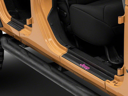 Jeep Licensed by RedRock Carbon Fiber Door Sill Decal; Pink (07-18 Jeep Wrangler JK)