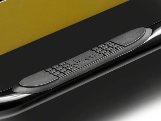 Jeep Licensed by RedRock 3-Inch Round Side Step Bars with Jeep Logo; Semi-Gloss Black (87-06 Jeep Wrangler YJ & TJ, Excluding Unlimited)