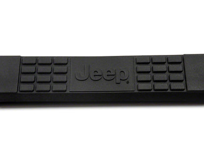 Jeep Licensed by RedRock 3-Inch Round Side Step Bars with Jeep Logo; Semi-Gloss Black (87-06 Jeep Wrangler YJ & TJ, Excluding Unlimited)