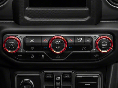 RedRock Billet Aluminum Headlight, HVAC and Radio Control Knob Trim Ring Set; Red (18-25 Jeep Wrangler JL)