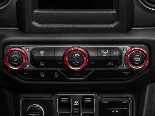 RedRock Billet Aluminum Headlight, HVAC and Radio Control Knob Trim Ring Set; Red (18-25 Jeep Wrangler JL)