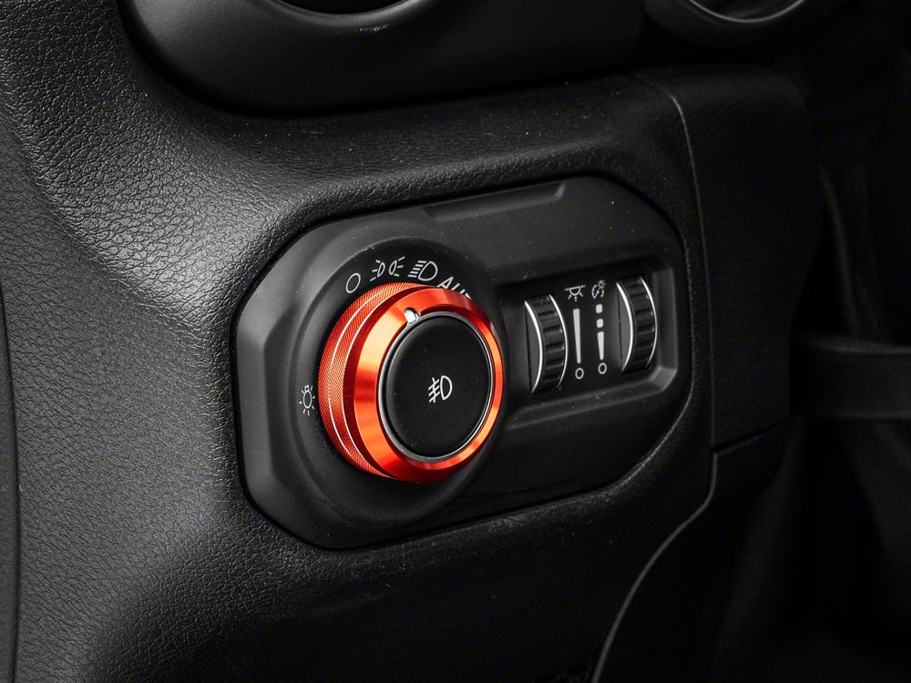 RedRock Billet Aluminum Headlight, HVAC and Radio Control Knob Trim Ring Set; Red (18-25 Jeep Wrangler JL)