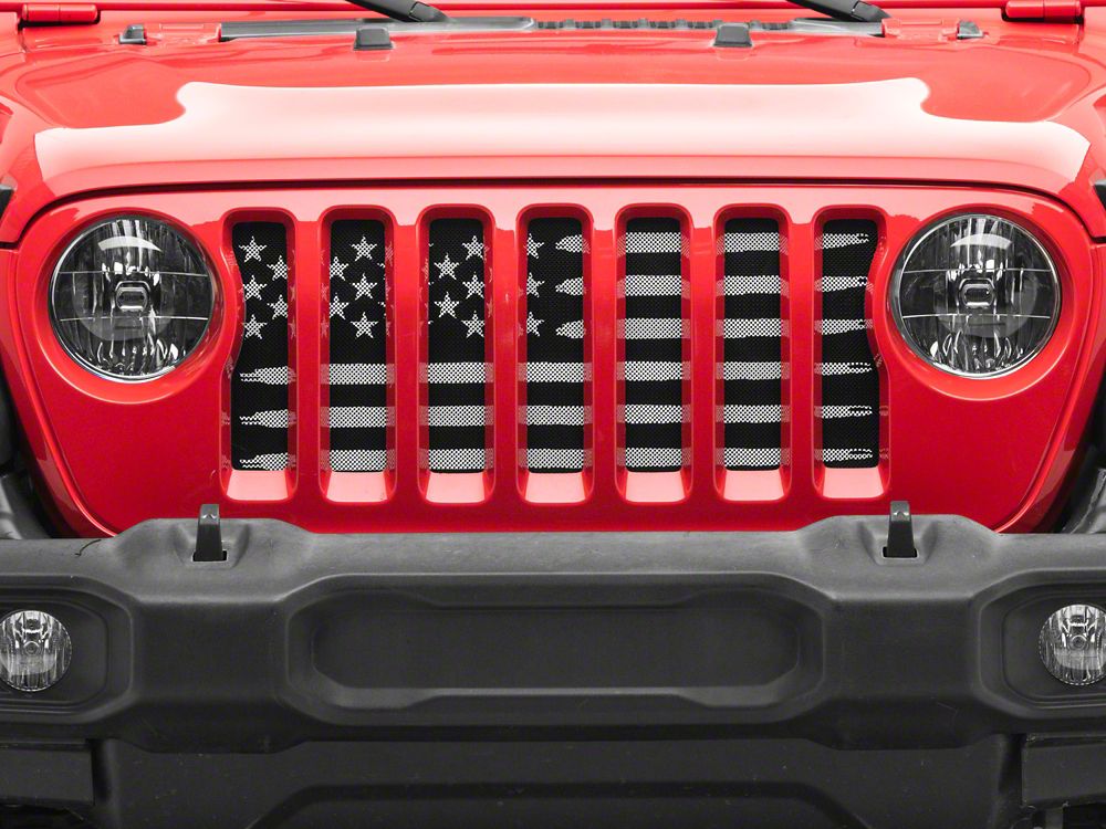 RedRock American Flag V2 Grille Insert; Black and White (18-25 Jeep Wrangler JL, Excluding Rubicon 392)