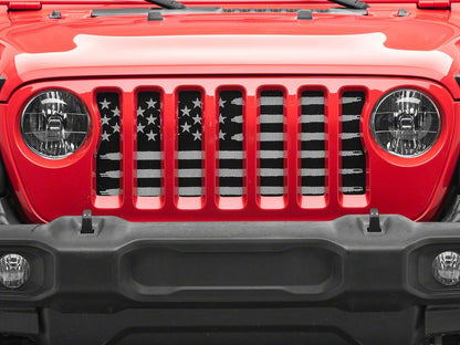 RedRock American Flag V2 Grille Insert; Black and White (18-25 Jeep Wrangler JL, Excluding Rubicon 392)
