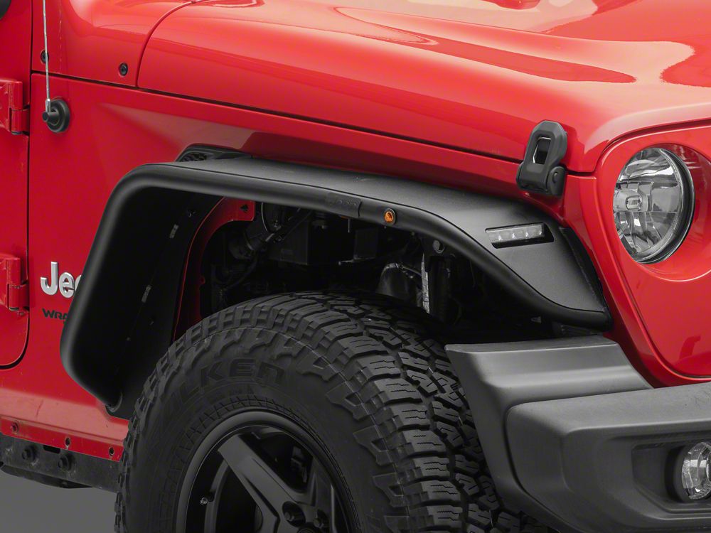Jeep Licensed by RedRock Tubular Fender Flares with LED DRL and Marker Lights; Front (18-26 Jeep Wrangler JL)