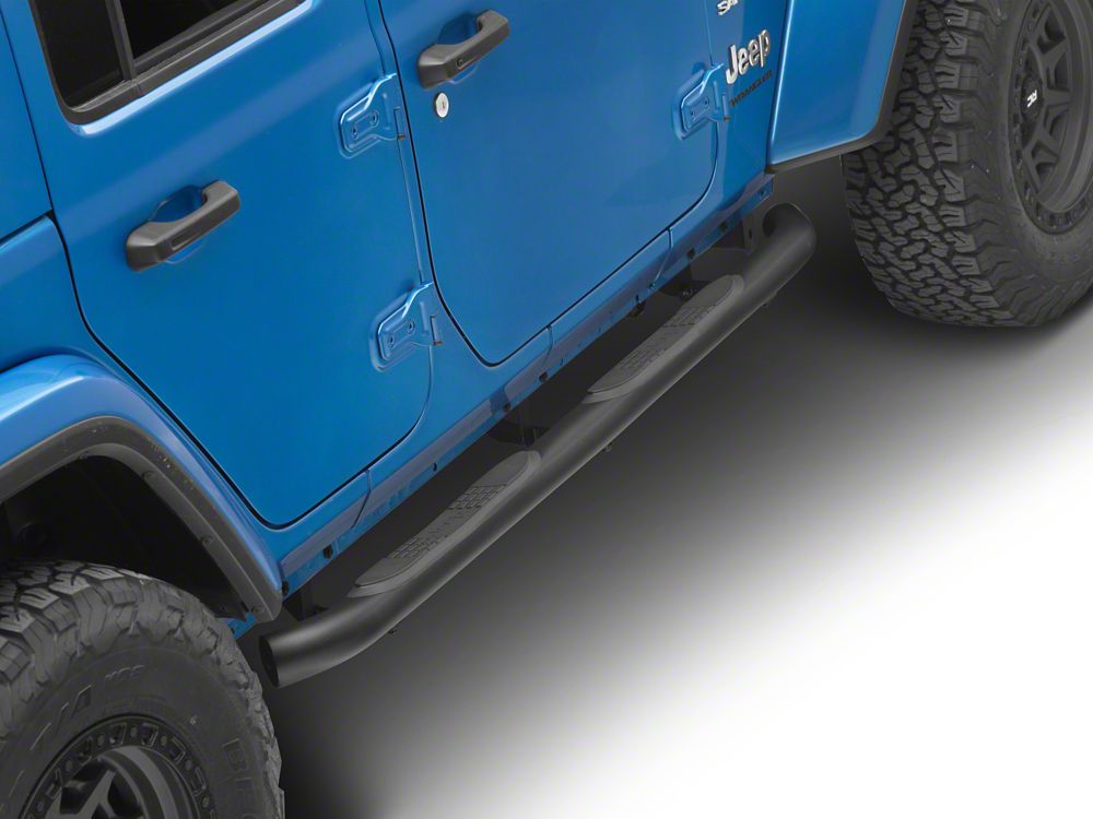 Jeep Licensed by RedRock 3-Inch Round Curved Side Step Bars; Textured Black (18-26 Jeep Wrangler JL 4-Door)