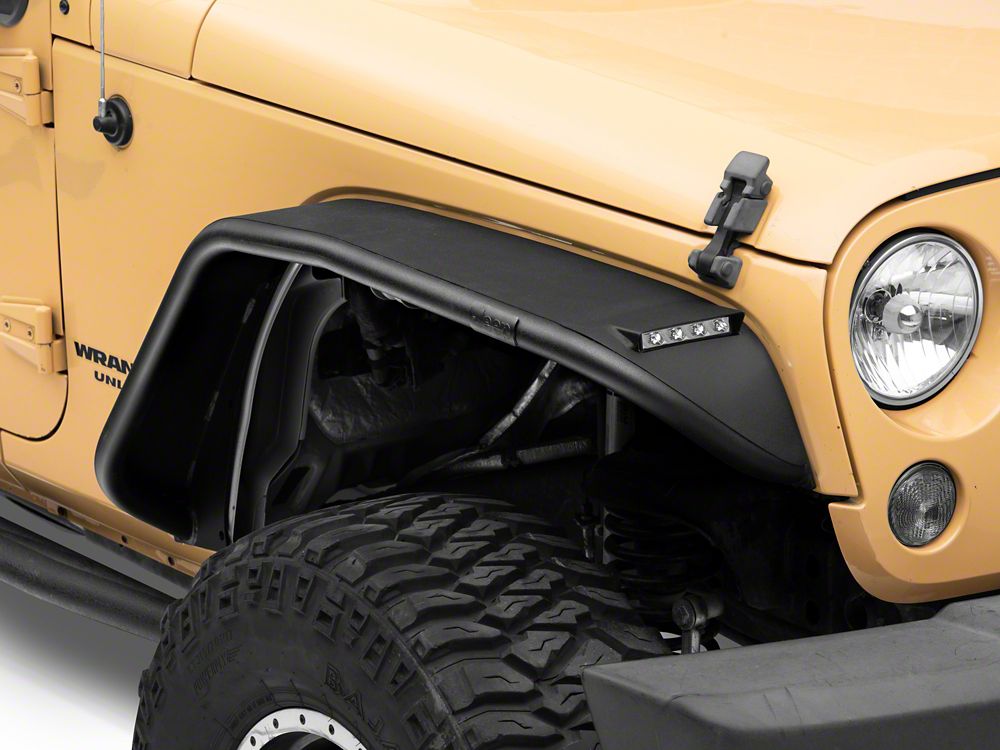 Jeep Licensed by RedRock Tubular Fender Flares with LED DRL and Jeep Logo; Front and Rear (07-18 Jeep Wrangler JK)