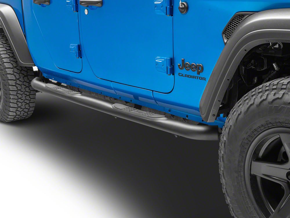 Jeep Licensed by RedRock 3-Inch Round Side Step Bars with Jeep Logo; Textured Black (20-25 Jeep Gladiator JT)