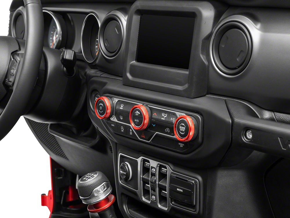 RedRock Billet Aluminum HVAC and Radio Control Knob Trim Ring Set; Red (20-25 Jeep Gladiator JT)