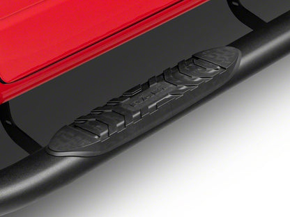RAM Licensed by RedRock 5-Inch Oval Bent End Side Step Bars with Ram Logo; Textured Black (09-18 RAM 1500 Crew Cab)