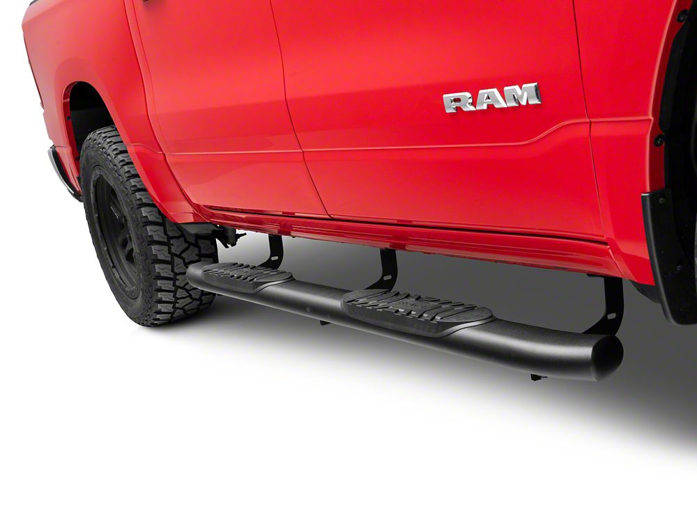 RAM Licensed by RedRock 5-Inch Oval Bent End Side Step Bars with Ram Logo; Textured Black (09-18 RAM 1500 Crew Cab)