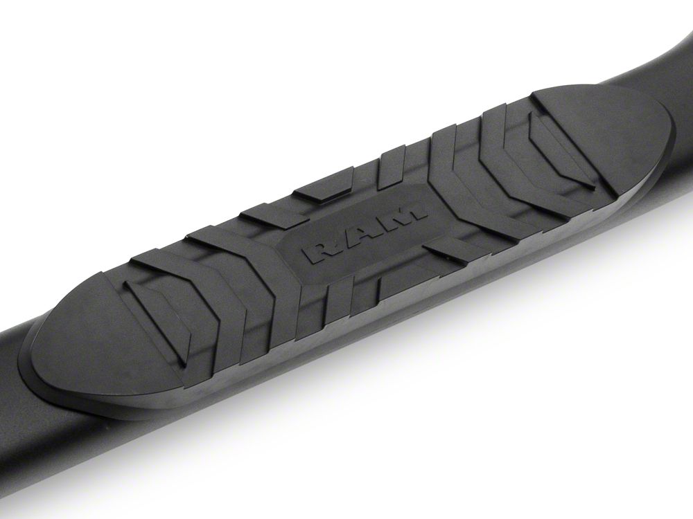 RAM Licensed by RedRock 5-Inch Oval Bent End Side Step Bars with Ram Logo; Textured Black (09-18 RAM 1500 Quad Cab)