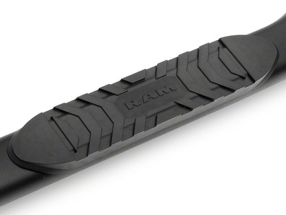 RAM Licensed by RedRock 5-Inch Oval Bent End Side Step Bars with Ram Logo; Textured Black (09-18 RAM 1500 Quad Cab)