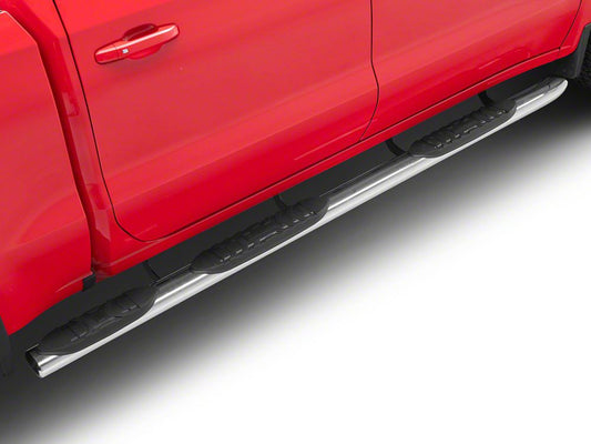 RedRock 5-Inch Oval Bent Wheel to Wheel Side Step Bars; Stainless Steel (19-25 Silverado 1500 Crew Cab w/ 5.80-Foot Short Box)