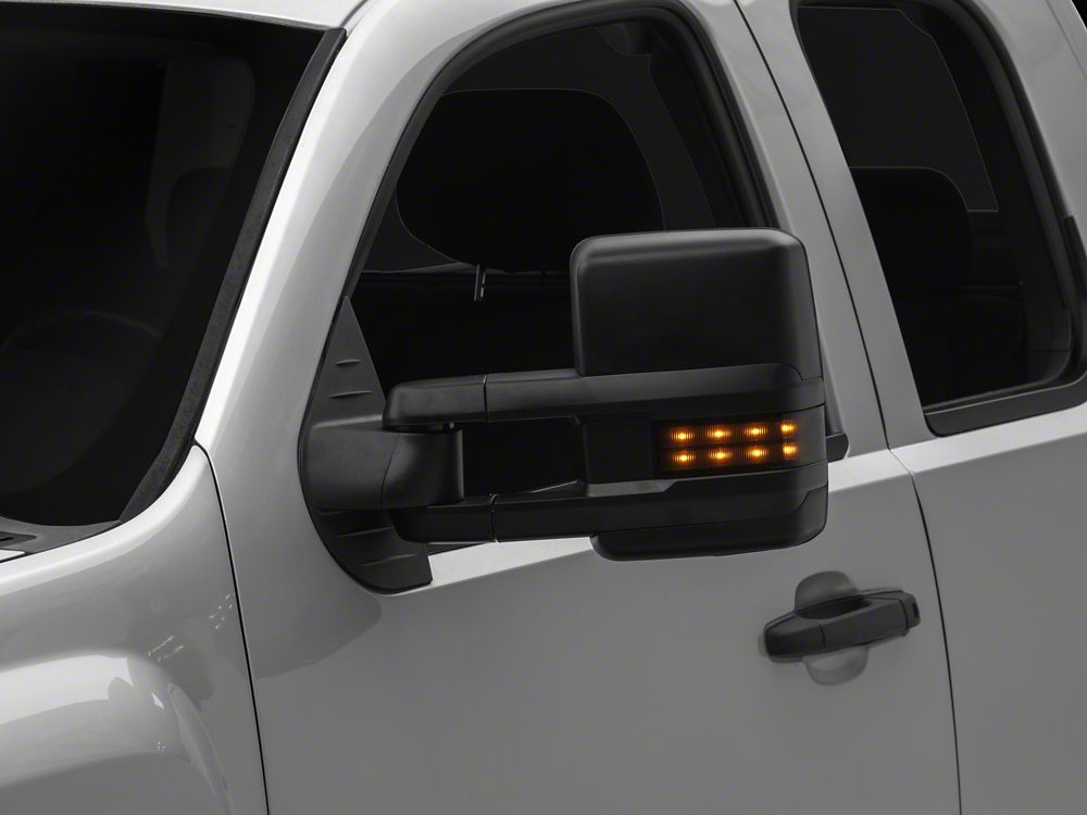 RedRock Powered Heated Tow Mirrors with Arrow on Glass Smoked Amber LED Turn Signal; Textured Black (07-13 Silverado 1500)