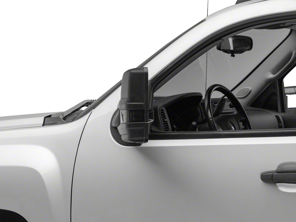 RedRock Powered Heated Tow Mirrors with Arrow on Glass Smoked Amber LED Turn Signal; Textured Black (07-13 Silverado 1500)