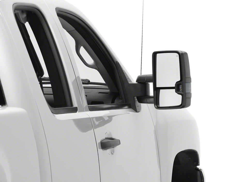 RedRock Powered Heated Tow Mirrors with Arrow on Glass Smoked Amber LED Turn Signal; Textured Black (07-13 Silverado 1500)