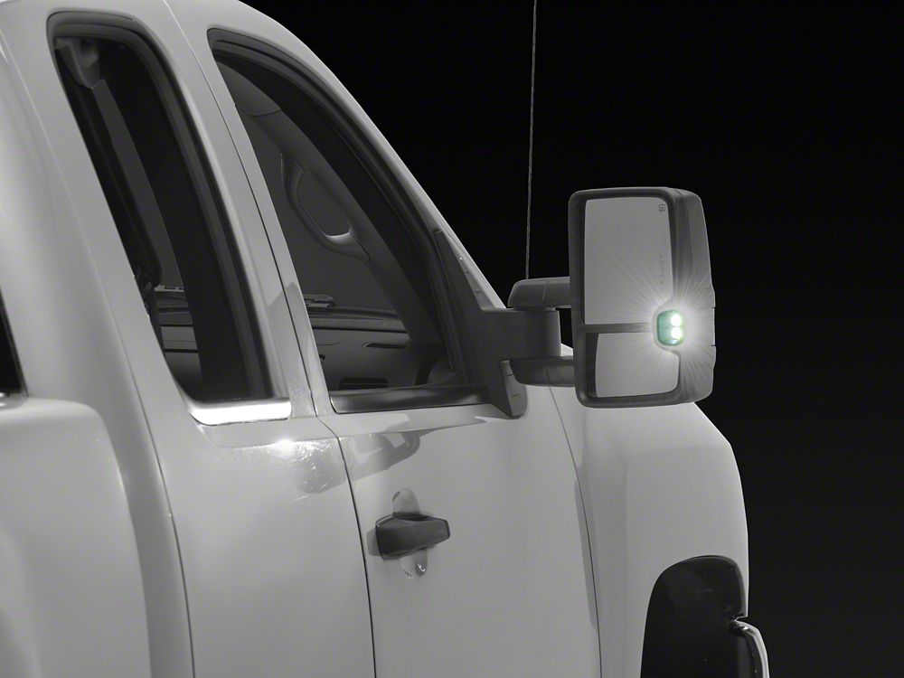 RedRock Powered Heated Tow Mirrors with Arrow on Glass Smoked Amber LED Turn Signal; Textured Black (07-13 Silverado 1500)