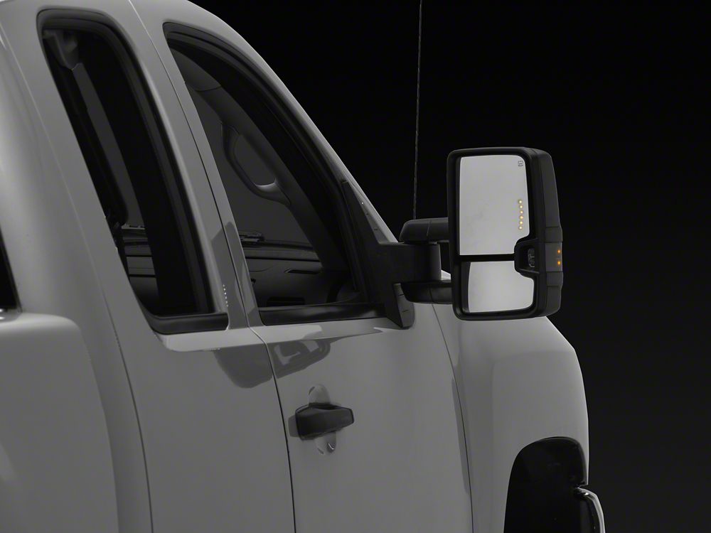 RedRock Powered Heated Tow Mirrors with Arrow on Glass Smoked Amber LED Turn Signal; Textured Black (07-13 Silverado 1500)
