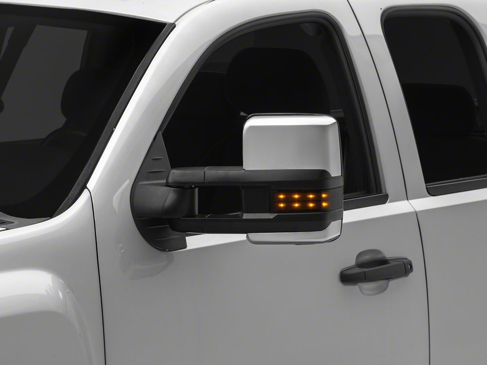 RedRock Powered Heated Tow Mirrors with Arrow on Glass Smoked Amber LED Turn Signal; Chrome (07-13 Silverado 1500)