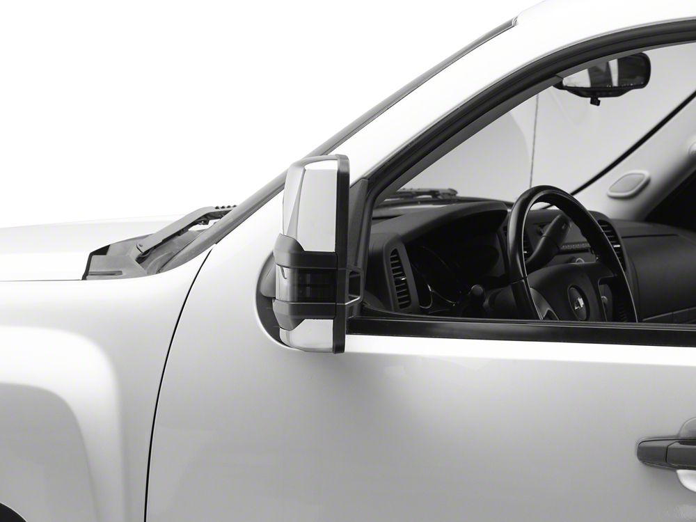 RedRock Powered Heated Tow Mirrors with Arrow on Glass Smoked Amber LED Turn Signal; Chrome (07-13 Silverado 1500)