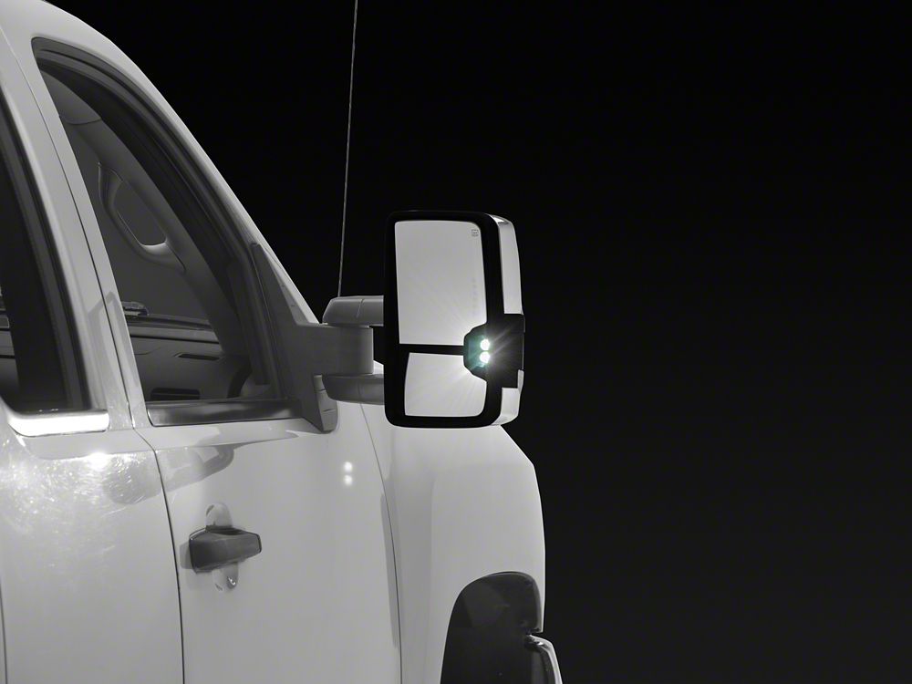 RedRock Powered Heated Tow Mirrors with Arrow on Glass Smoked Amber LED Turn Signal; Chrome (07-13 Silverado 1500)