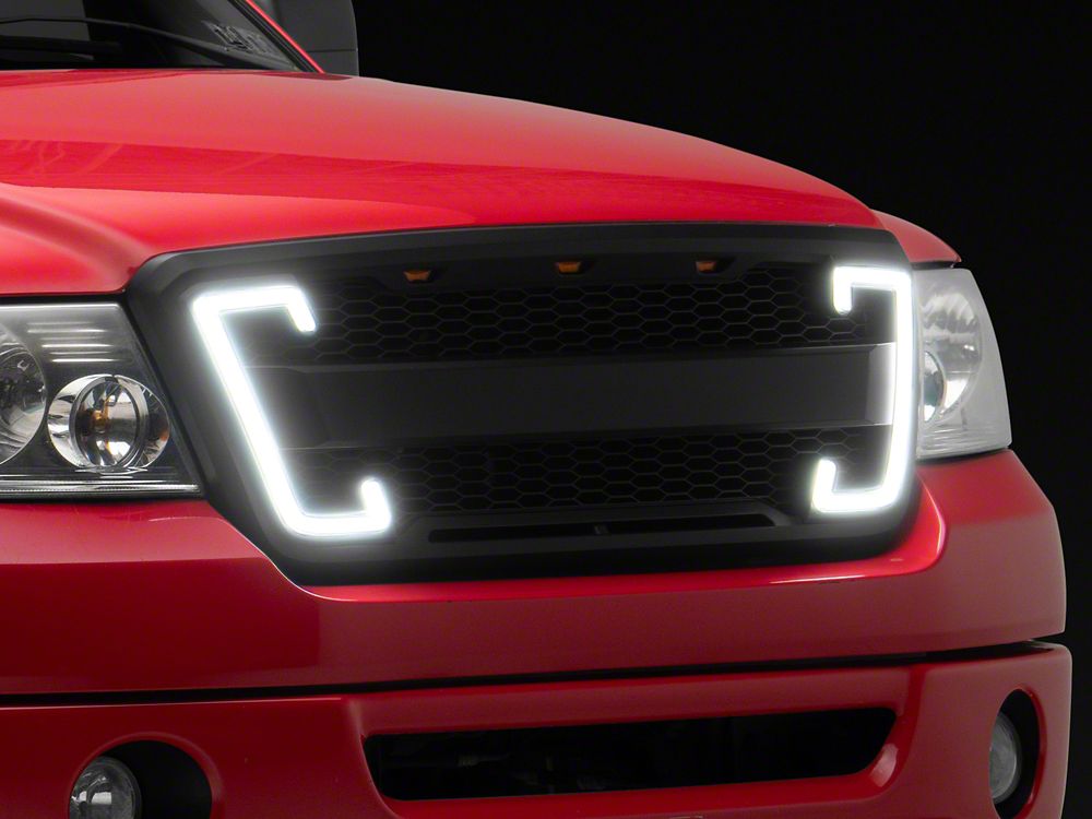 RedRock Baja Upper Replacement Grille with LED DRL and Turn Signal Function; Matte Black (04-08 F-150)