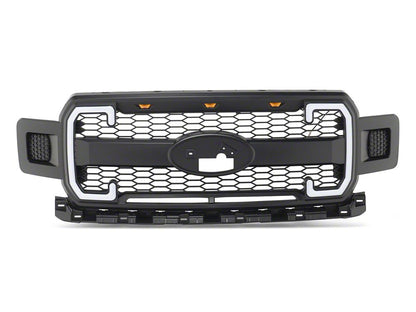 RedRock Upper Replacement Grille with LED DRL, Turn Signals and Amber Running Lights; Matte Black (18-20 F-150, Excluding Raptor)